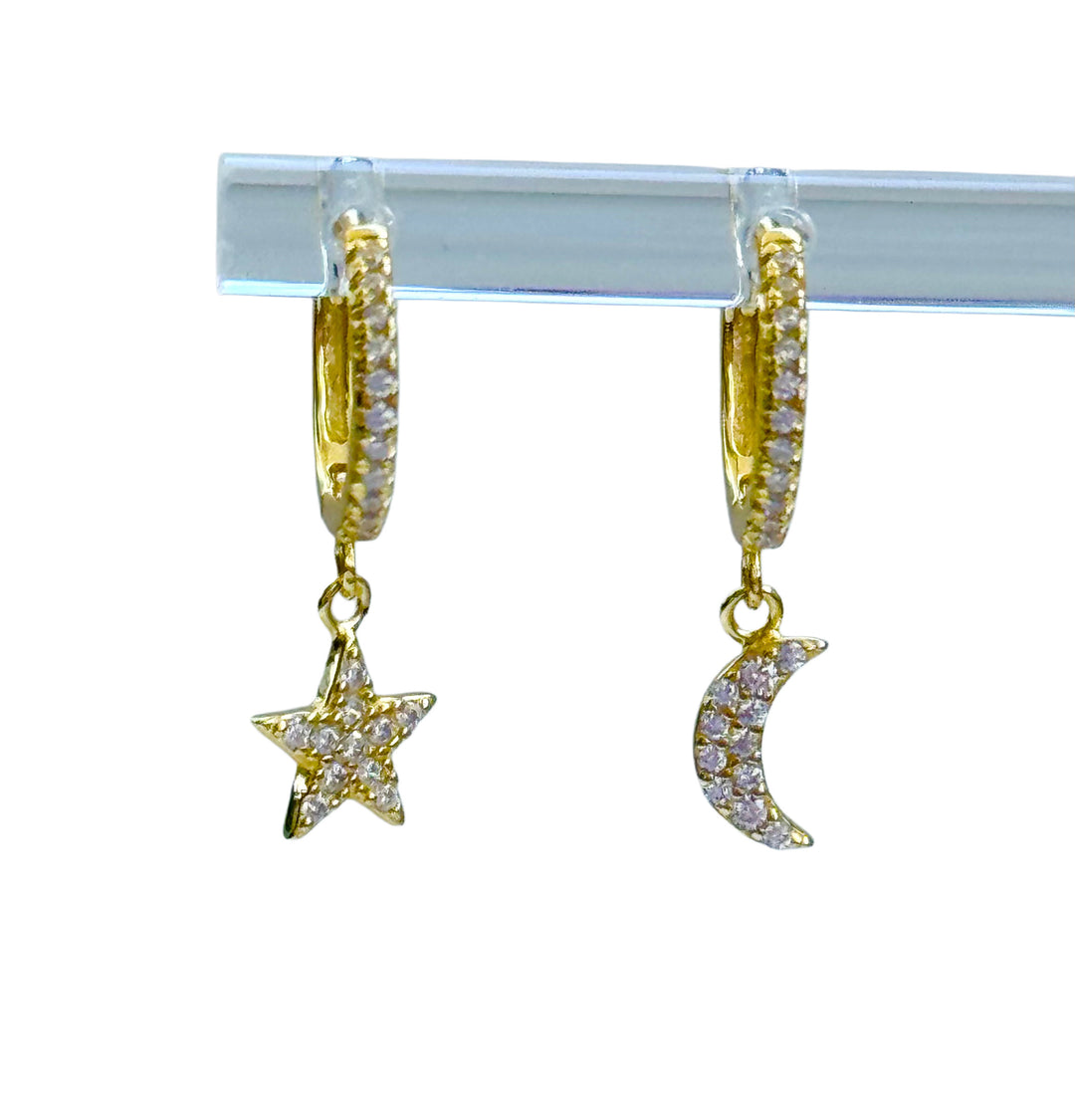 Sterling Silver 14 Karat gold plated Star Moon Huggie Hoop Earrings