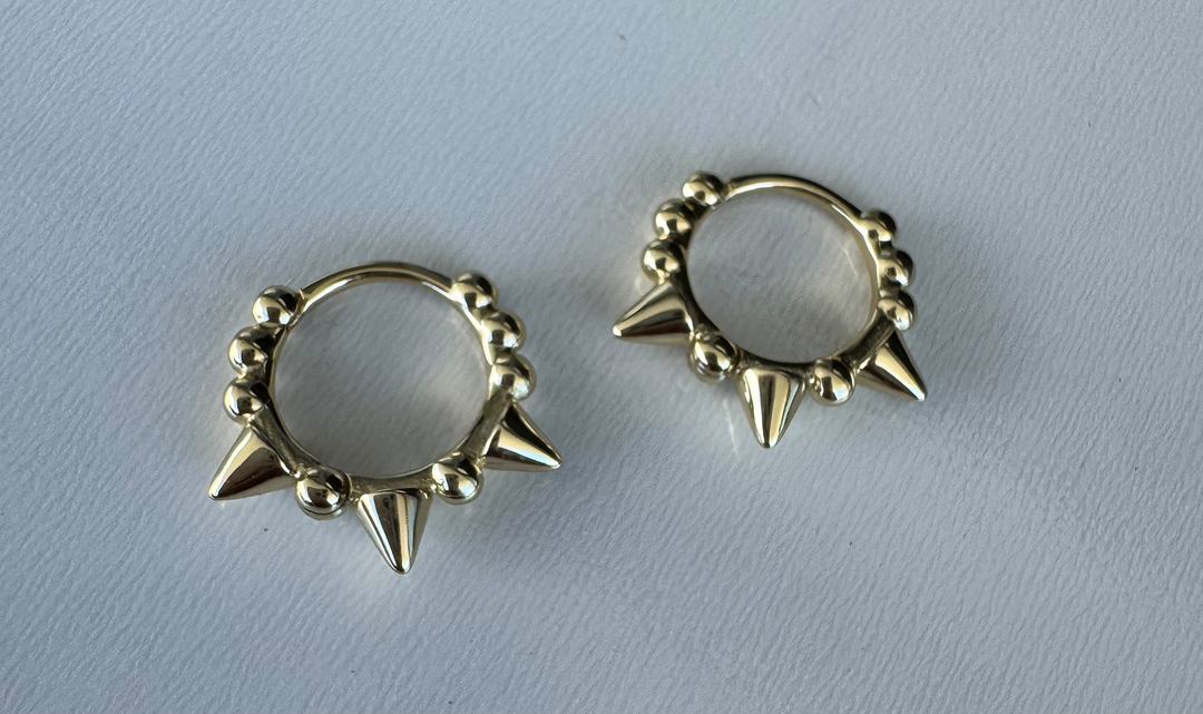 Spike and Beaded Huggie Hoop Sterling Silver 14 Karat Gold plated Hoop Earrings
