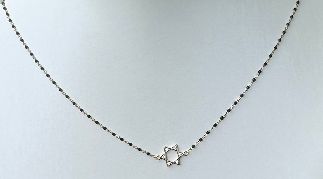 Sterling Silver 14K plated Star of David Pendant Resin Black Onyx beads CZ Stones