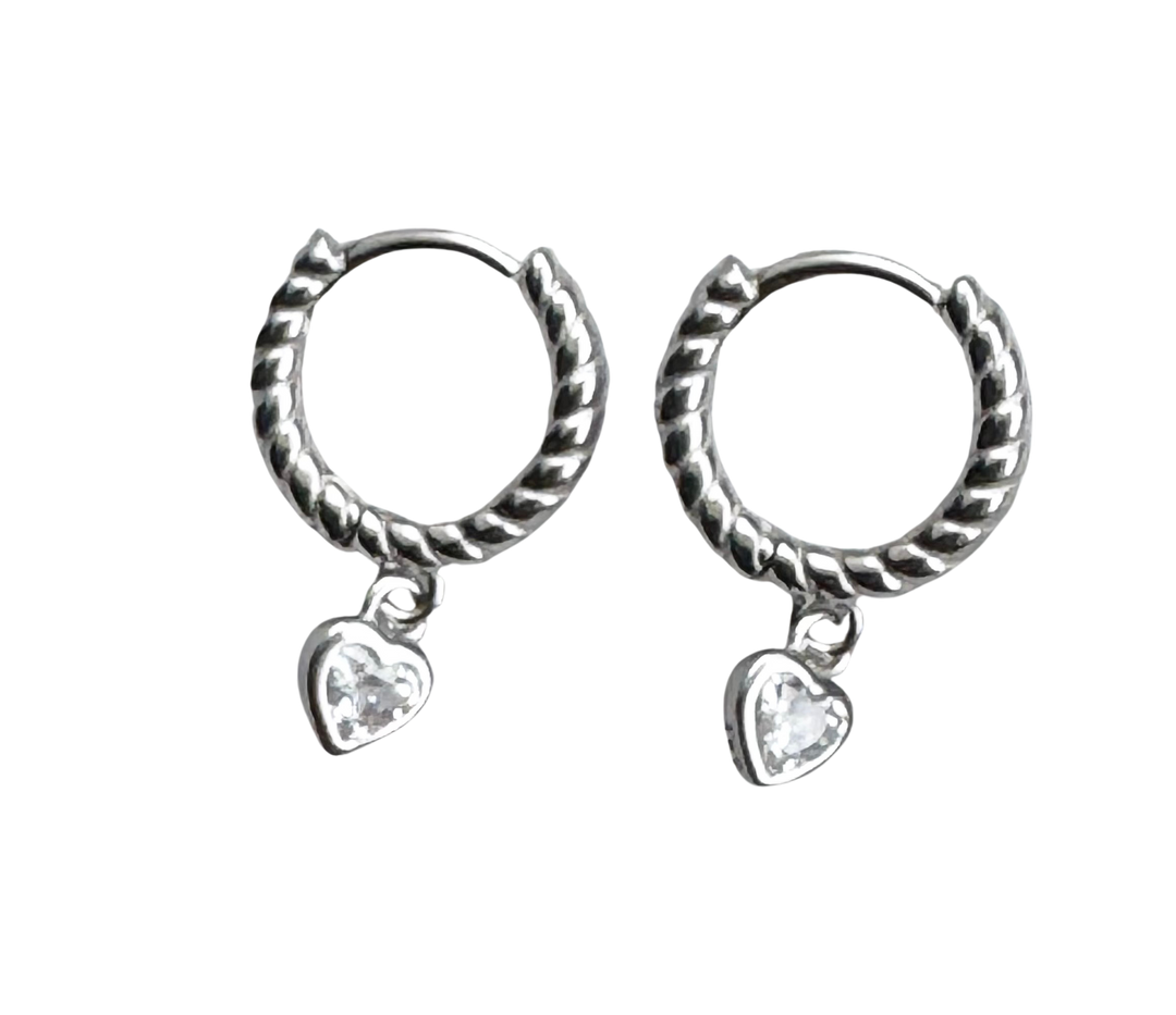 Sterling Silver Heart Drop Hoop Earrings