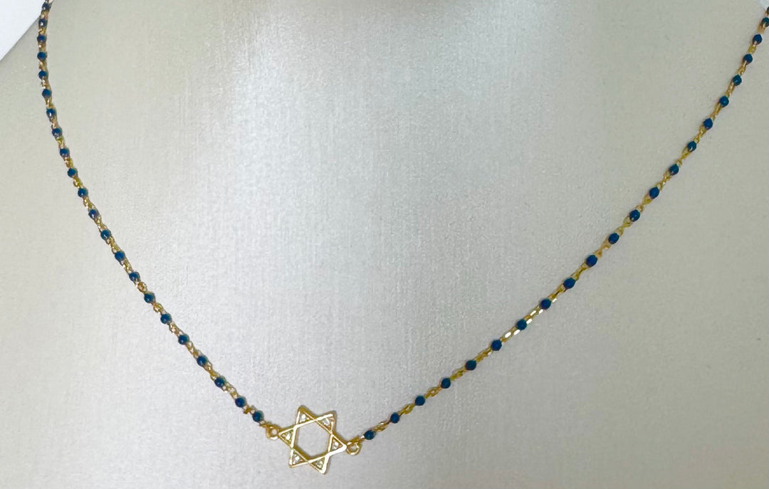 Sterling Silver 14K plated Star of David Pendant Blue Sapphire Resin beads CZ Stones