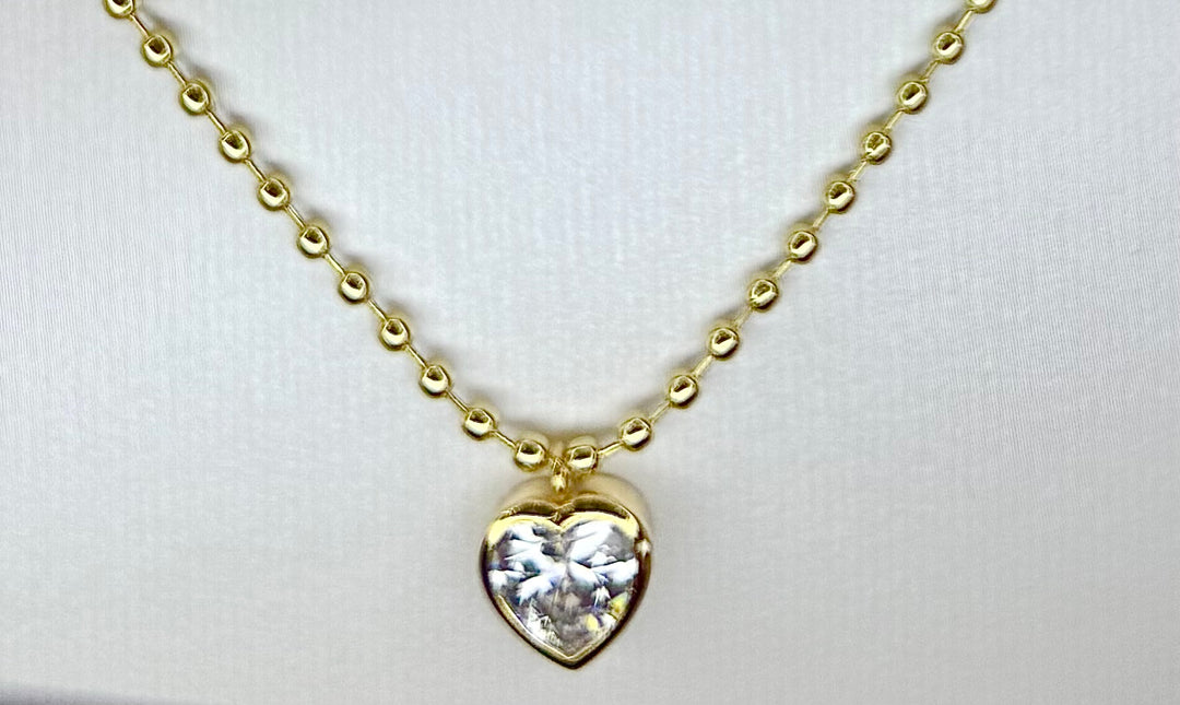 Bead chain with heart shape cz bezel set charm 16 inch with 2 inch extender Necklace Brass 18KY plated