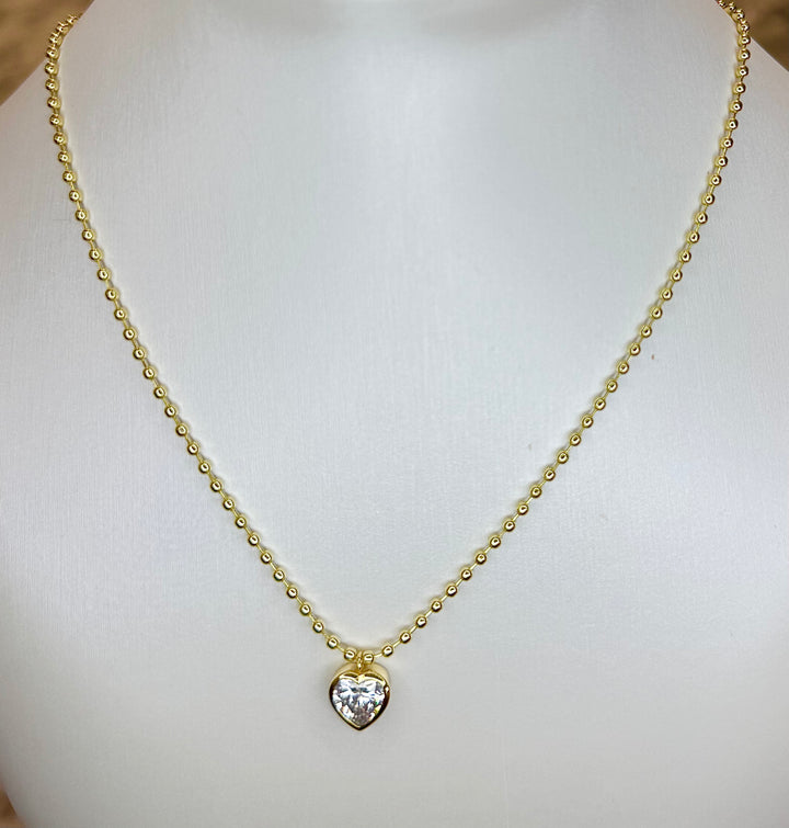 Bead chain with heart shape cz bezel set charm 16 inch with 2 inch extender Necklace Brass 18KY plated