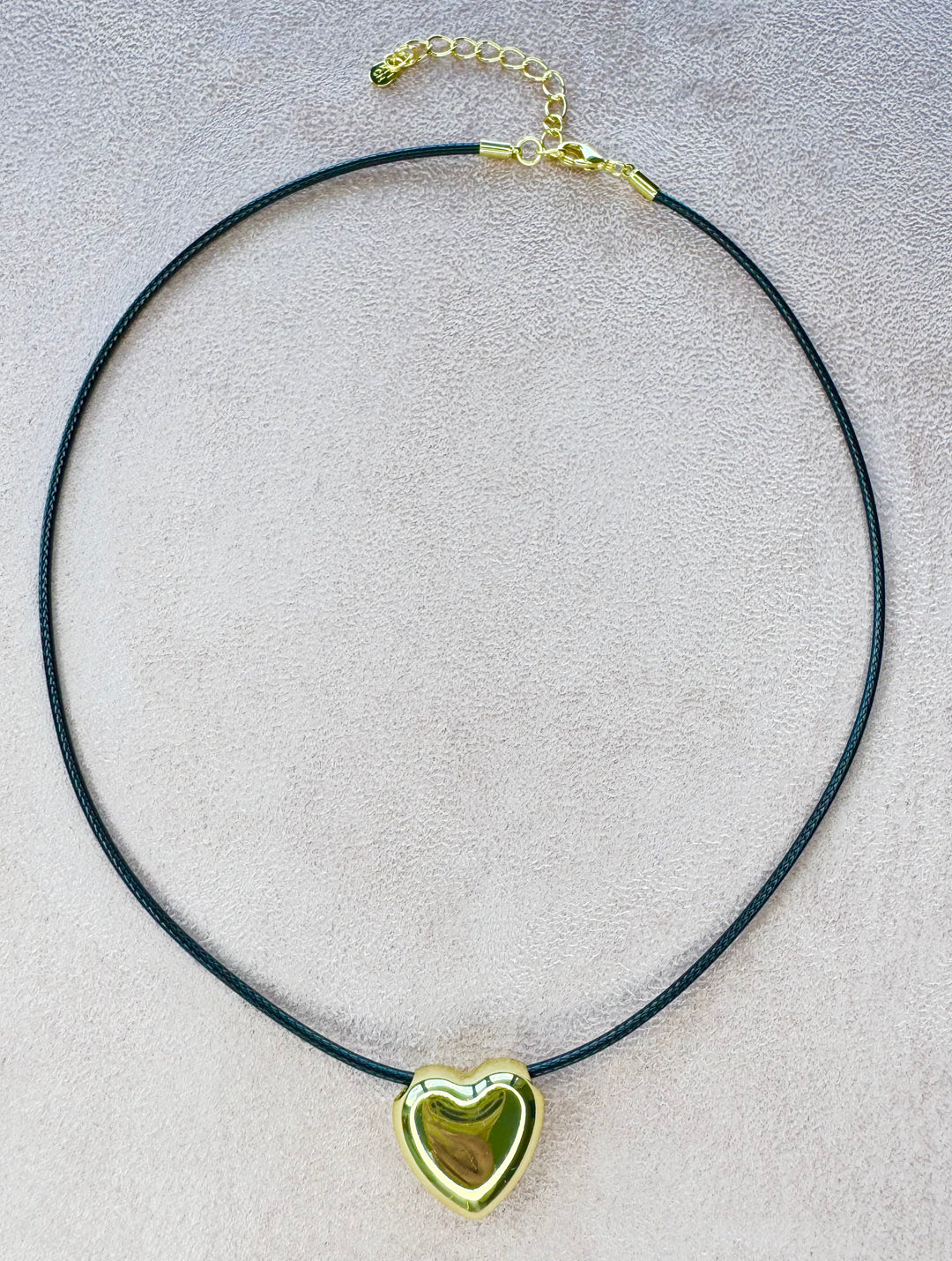 Leather Cord with small puffed heart brass charm 16 inch with 2 inch extender Necklace I8KY Plated Brass