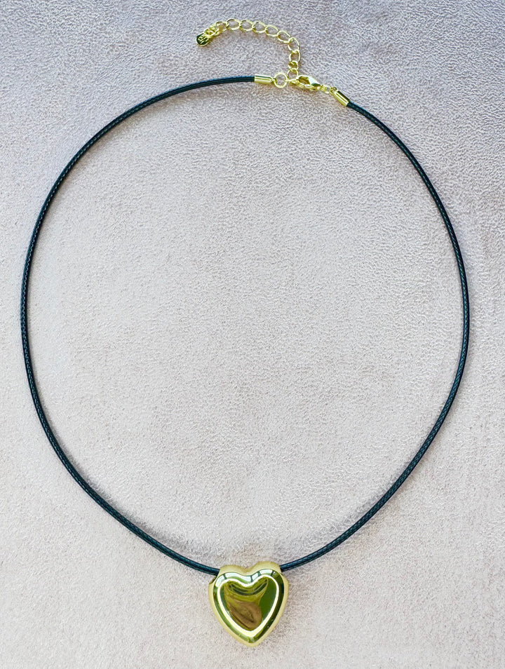 Leather Cord with small puffed heart brass charm 16 inch with 2 inch extender Necklace I8KY Plated Brass