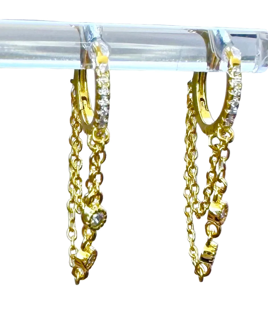 Sterling Silver 14 Karat gold plated bezel chain Huggie Earrings