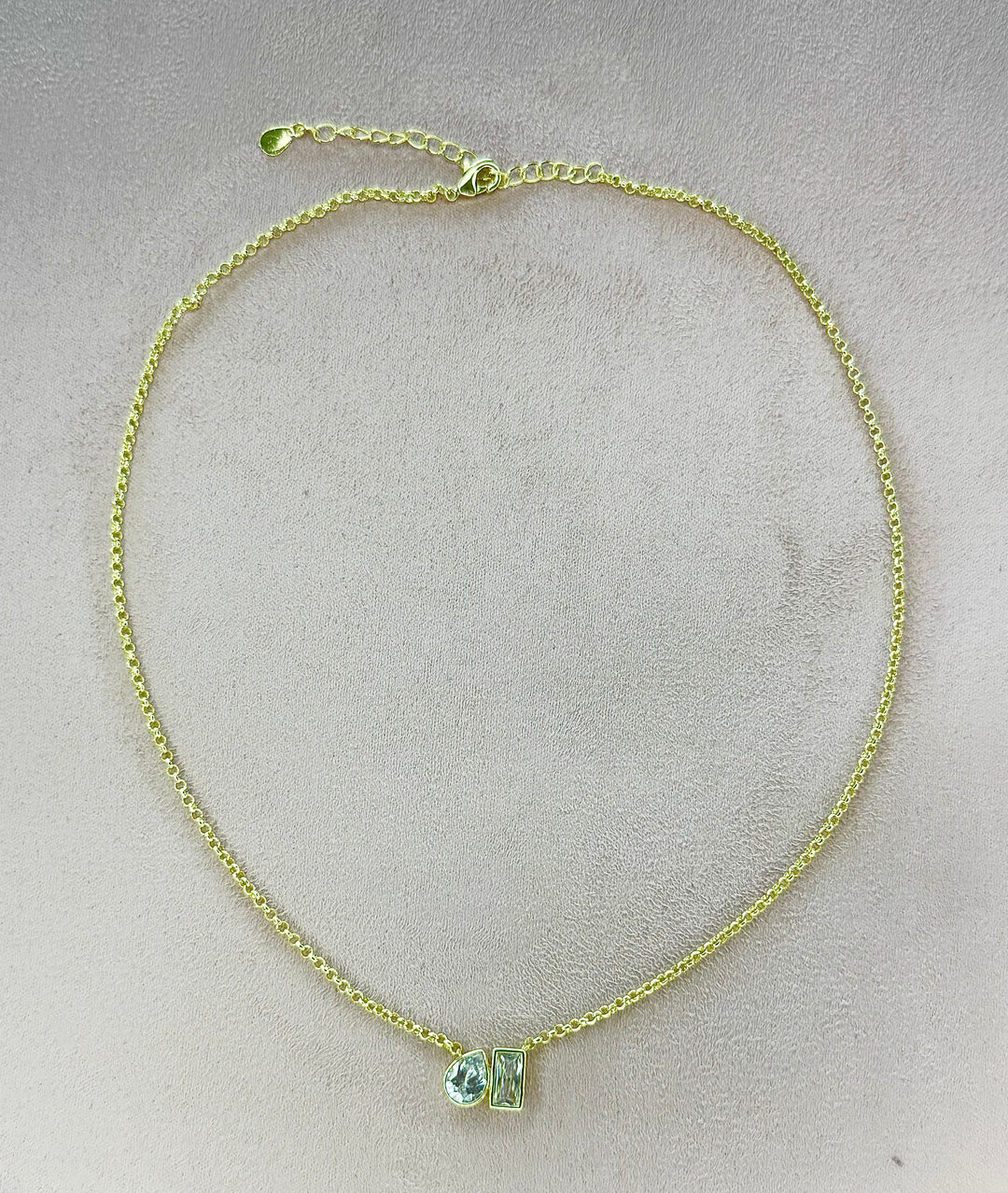 Cable chain with pear shape and emerald cut cz bezel set pendant 16 inch with 2 inch extender Necklace Brass 18KY plated