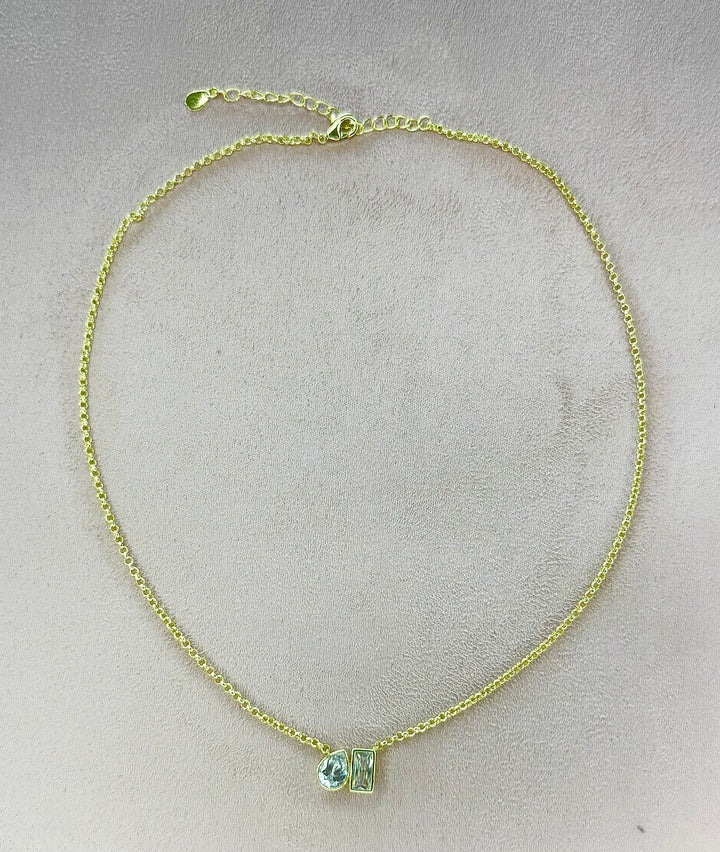 Cable chain with pear shape and emerald cut cz bezel set pendant 16 inch with 2 inch extender Necklace Brass 18KY plated