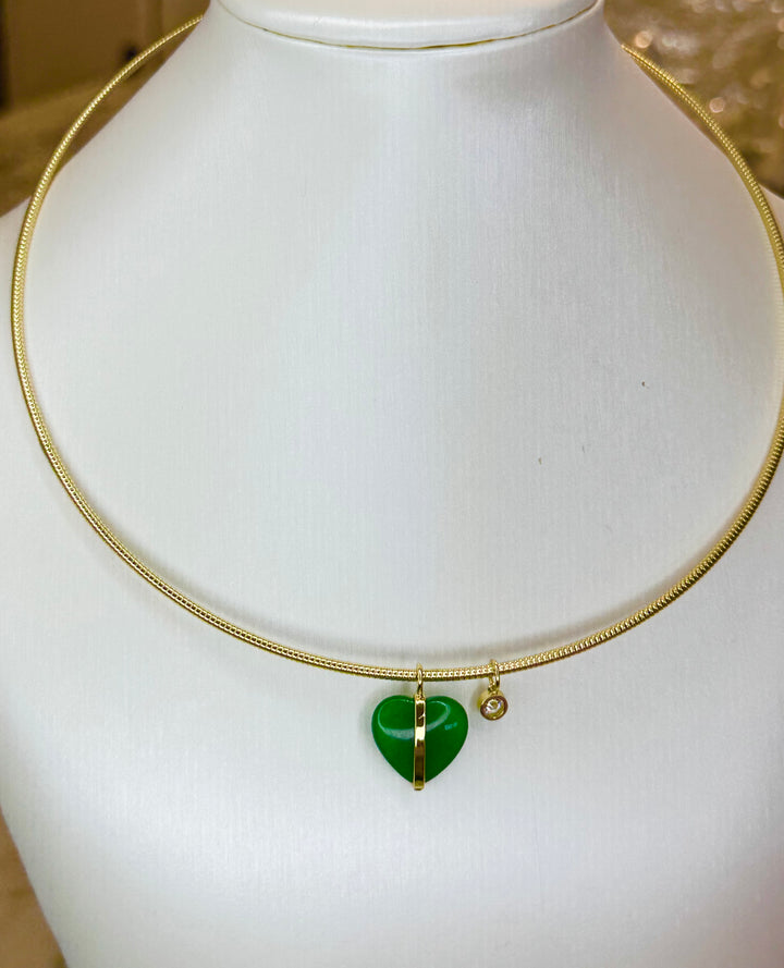 Wire Choker with agate heart and CZ charms  16 inch with 2 inch extender Necklace Brass 18KY plate