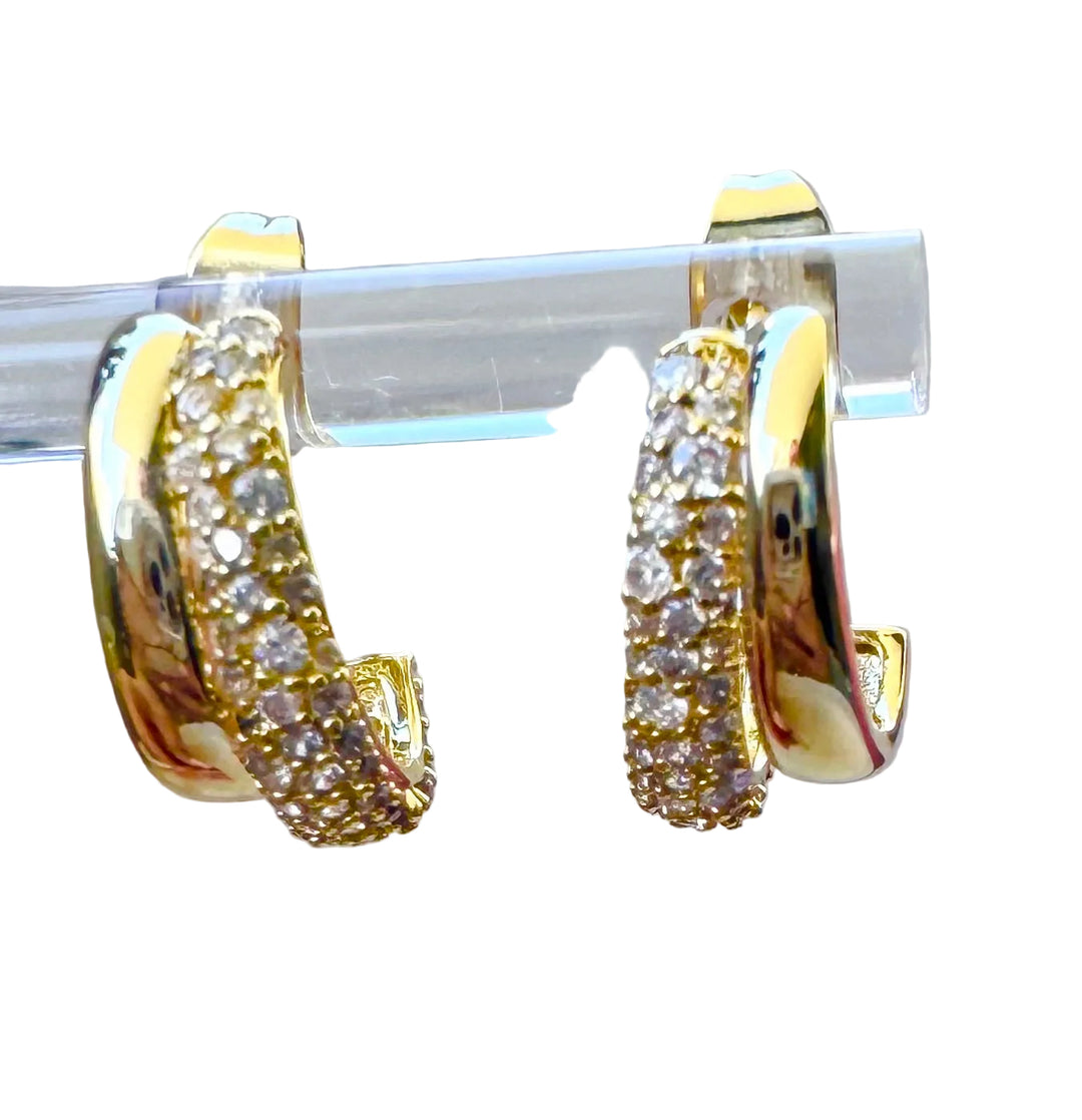 Double Row Sterling Silver Pave CZ 14K Gold plated Hoop Earring