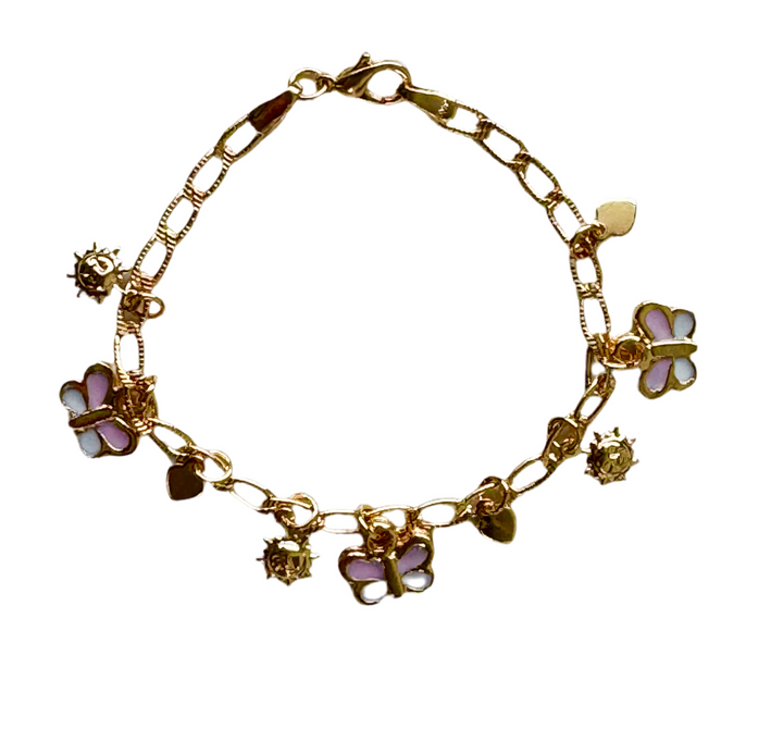 Pink Butterfly enamel multicharm 14k gold filled Bracelet