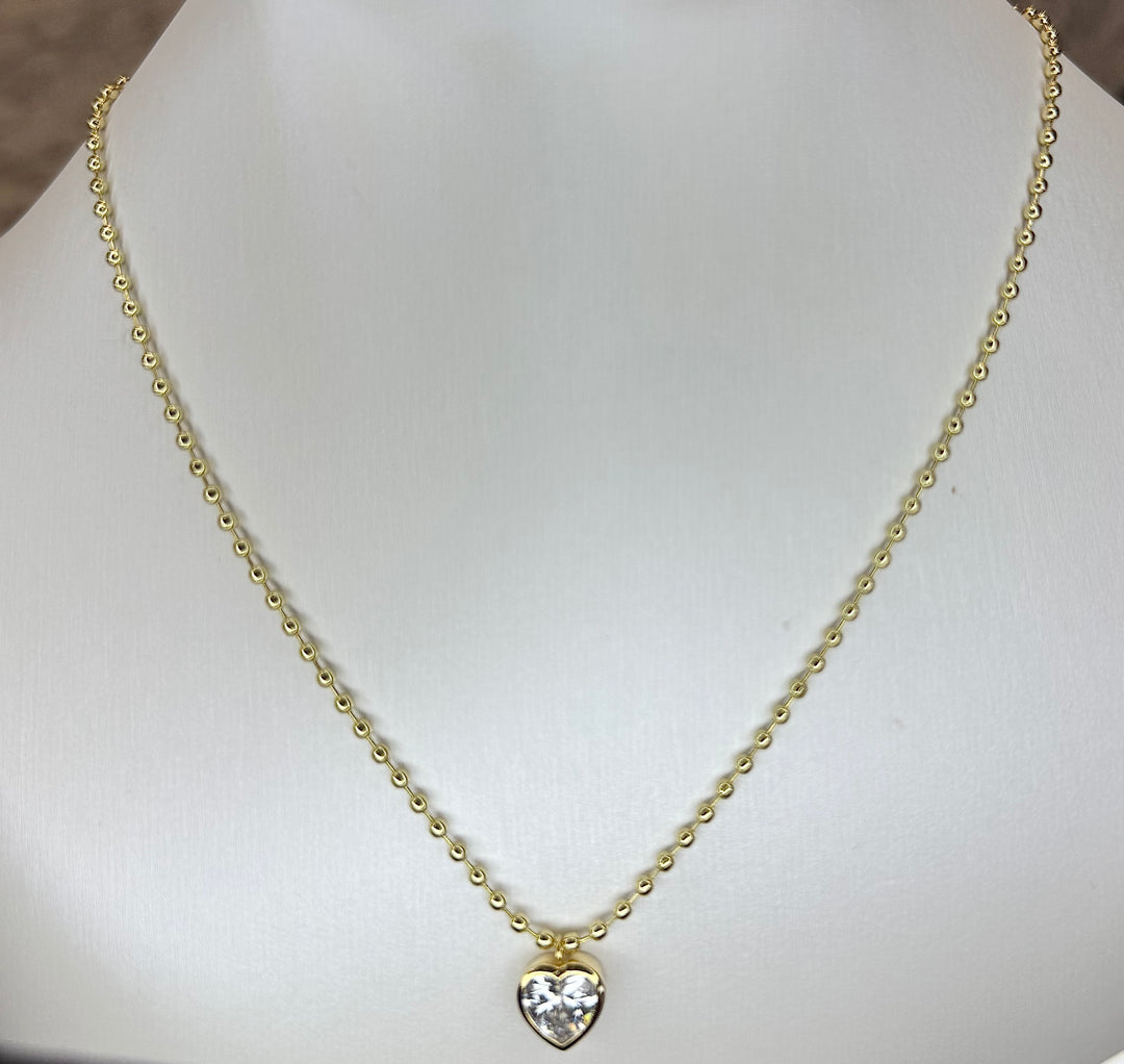 Bead chain with heart shape cz bezel set charm 16 inch with 2 inch extender Necklace Brass 18KY plated