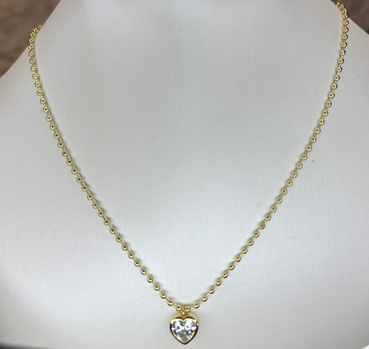 Bead chain with heart shape cz bezel set charm 16 inch with 2 inch extender Necklace Brass 18KY plated