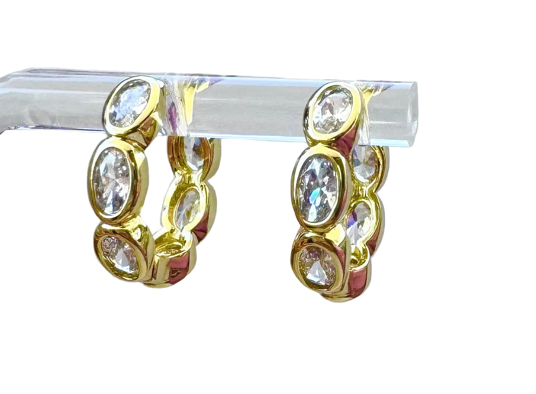 Bezel Oval Sterling Silver 14 Karat Gold plated Hoop Earring