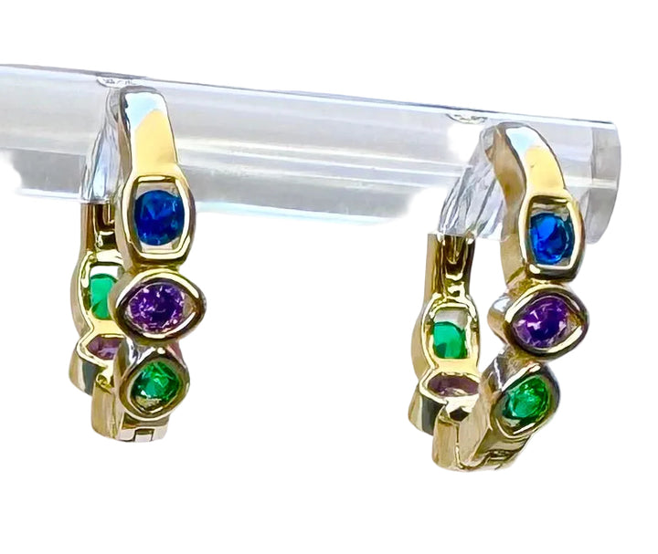 Multicolor Bezel Sterling Silver 14 Karat Gold plated Hoop Earring