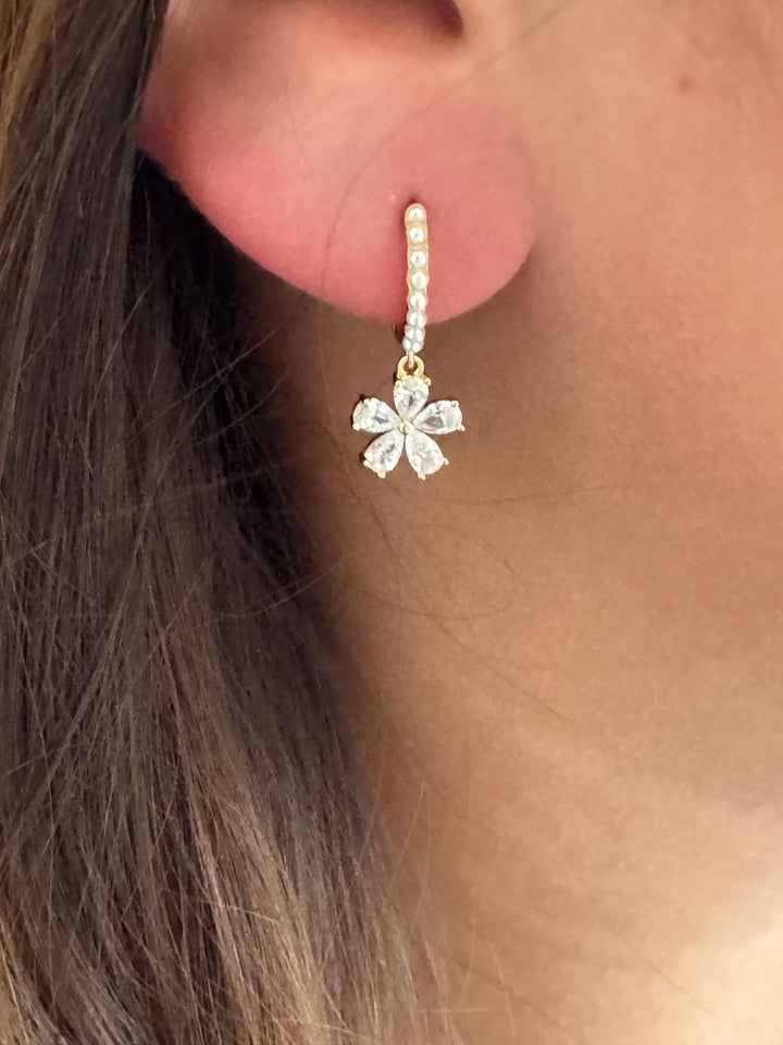 Sterling Flower Drop Silver Hoop Earrings