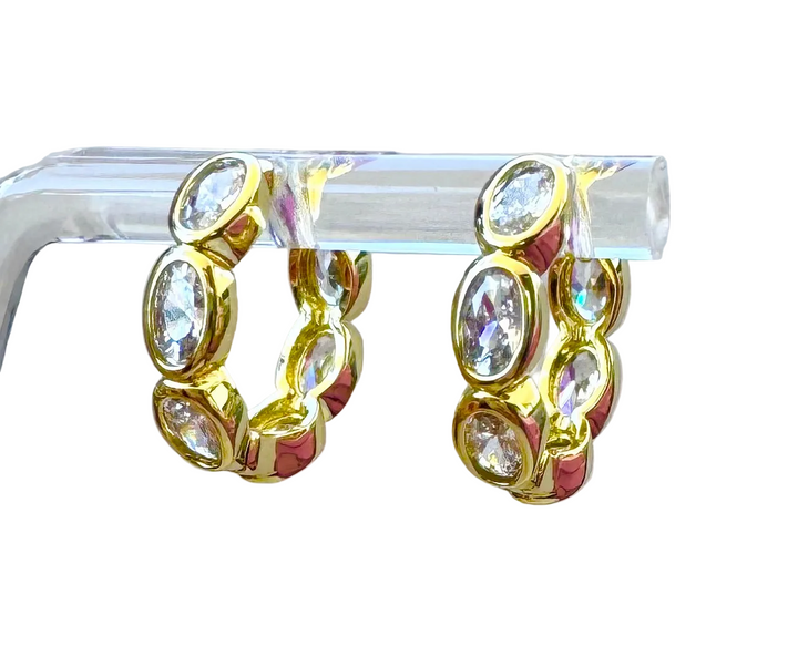 Bezel Oval Sterling Silver 14 Karat Gold plated Hoop Earring
