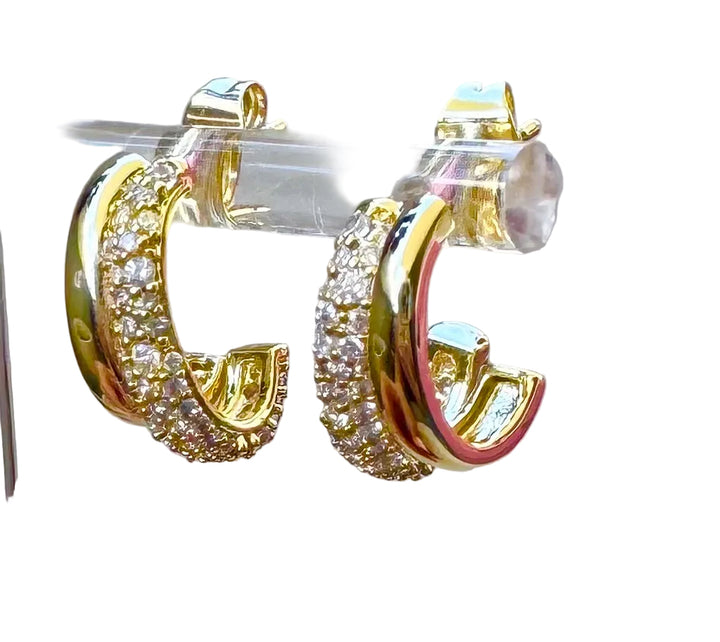 Double Row Sterling Silver Pave CZ 14K Gold plated Hoop Earring