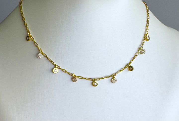Disk Drop Choker Necklace Sterling Silver 14KY plated