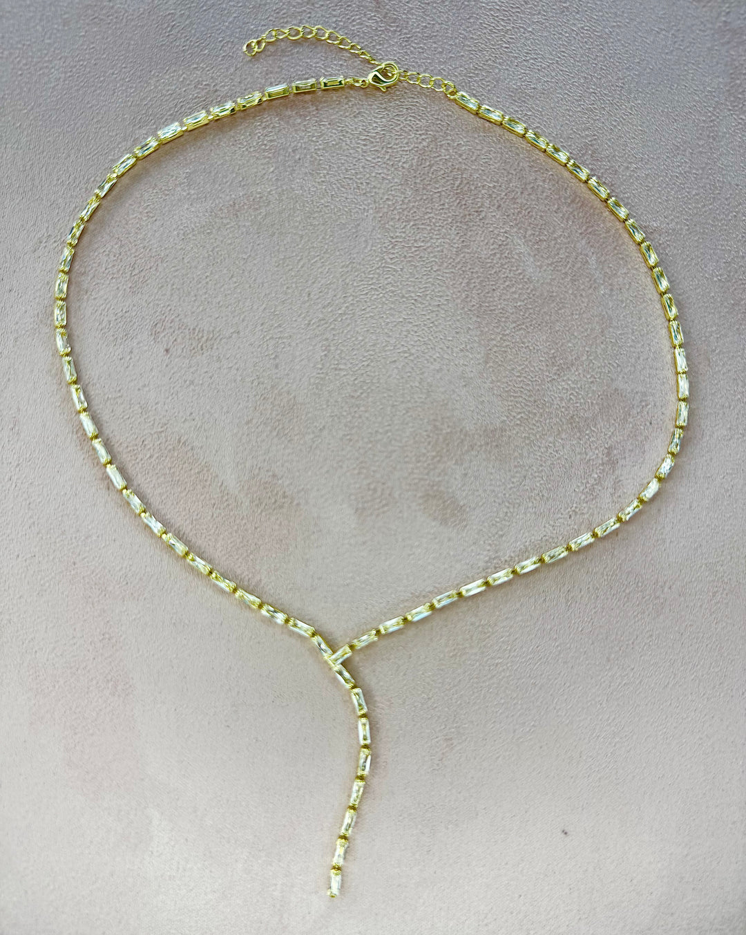 Y shape baguette cz tennis necklace 16 inch with 2 inch extender Necklace Brass 18KY plated