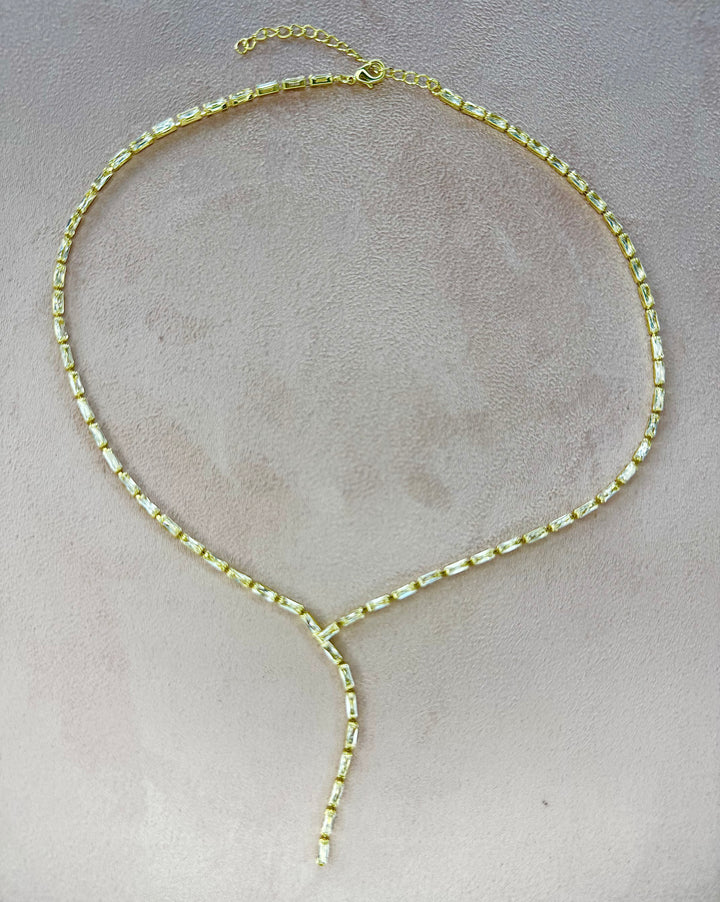 Y shape baguette cz tennis necklace 16 inch with 2 inch extender Necklace Brass 18KY plated