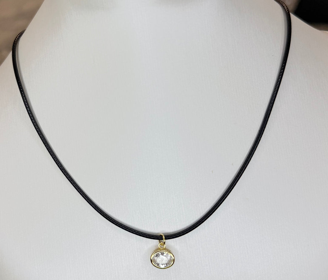 Leather Cord with oval bezel cz brass charm 16 inch with 2 inch extender Necklace I8KY Plated Brass