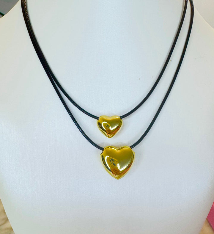 Leather Cord with small puffed heart brass charm 16 inch with 2 inch extender Necklace I8KY Plated Brass