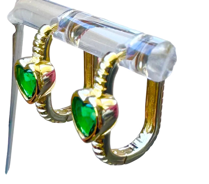 Heart Green Drop Sterling Silver 14 Karat Gold plated Hoop Earrings