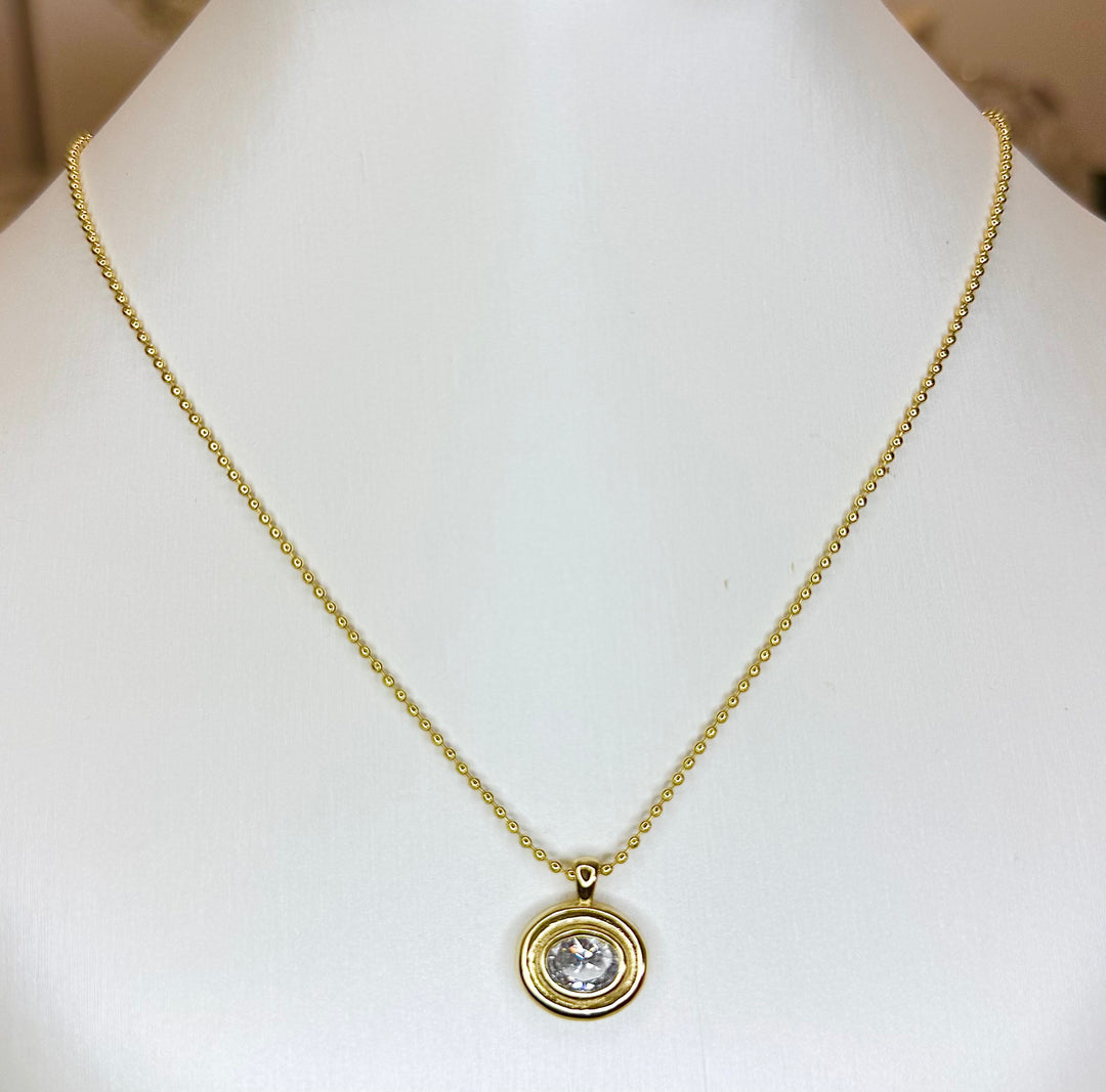 Bead chain with oval shape cz wide bezel set charm 16 inch with 2 inch extender Necklace Brass 18KY plated
