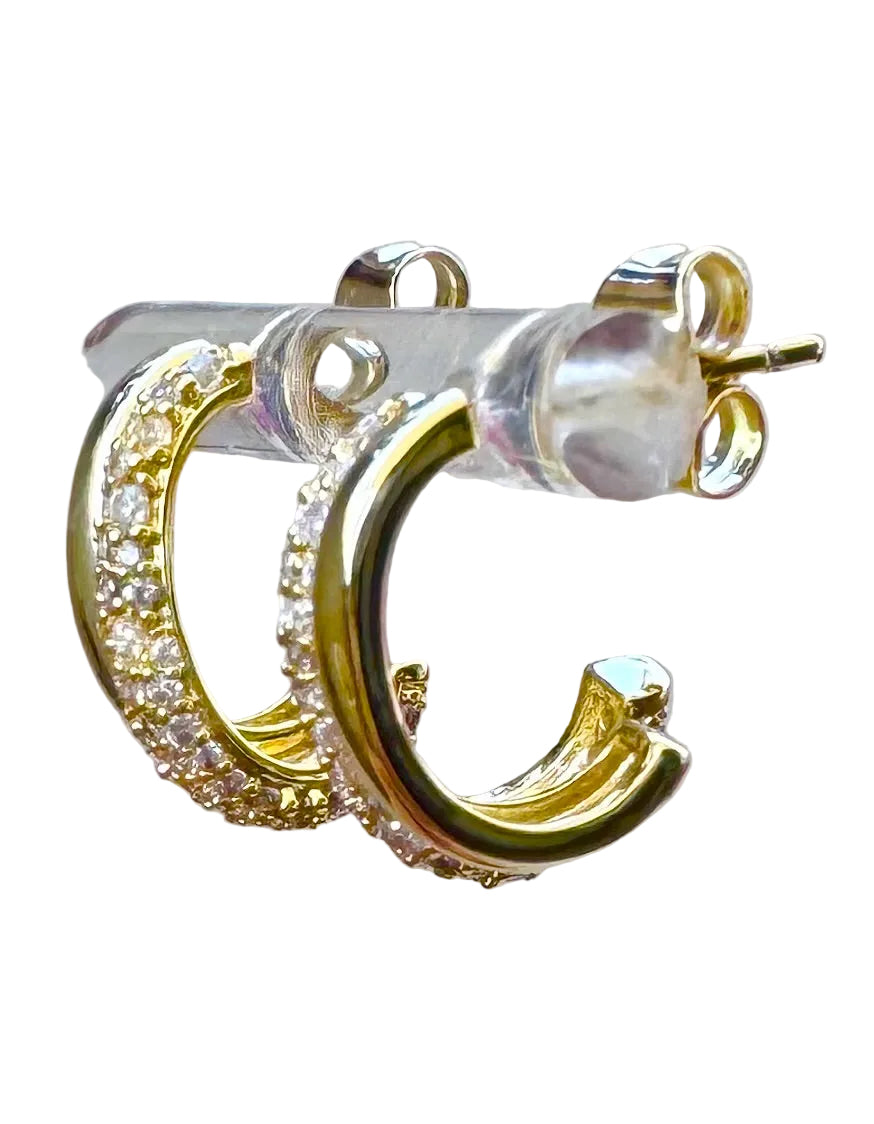 Double Row Sterling Silver Pave CZ 14K Gold plated Hoop Earring