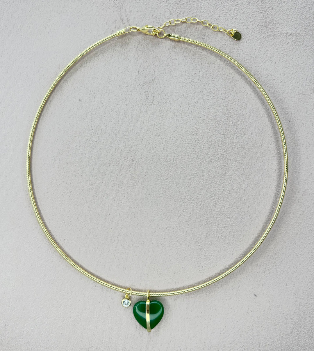Wire Choker with agate heart and CZ charms  16 inch with 2 inch extender Necklace Brass 18KY plate