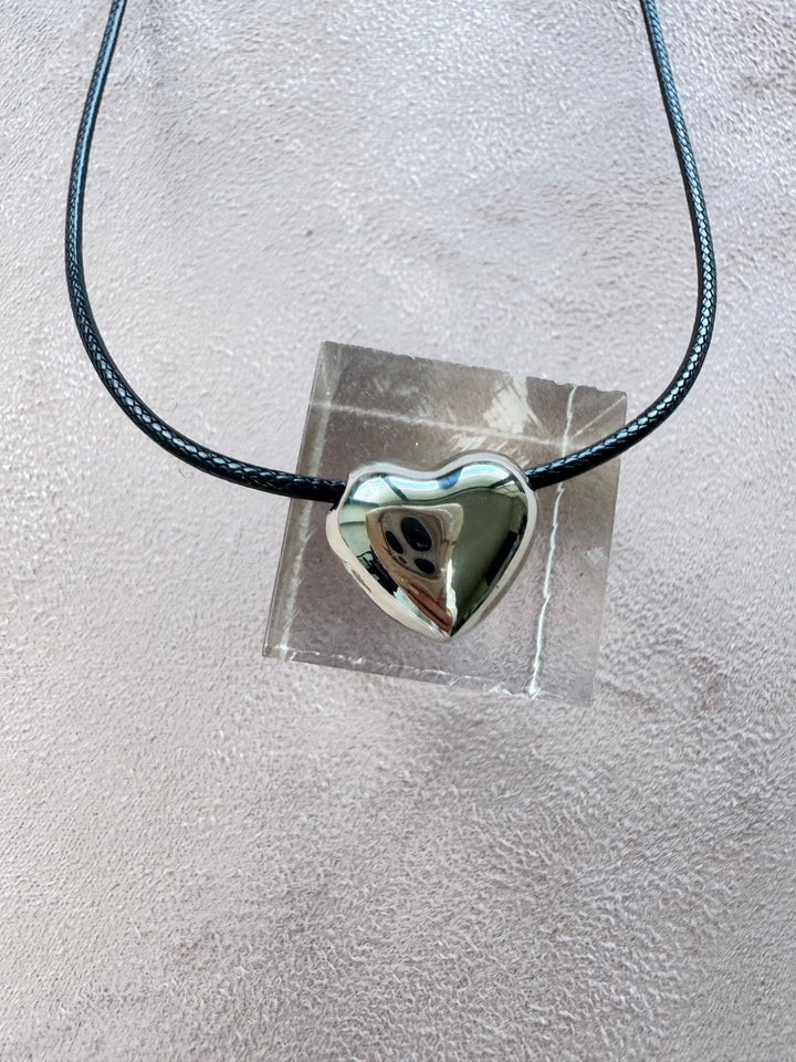 Leather Cord with puffed small heart silver brass charm 16 inch with 2 inch extender Necklace.