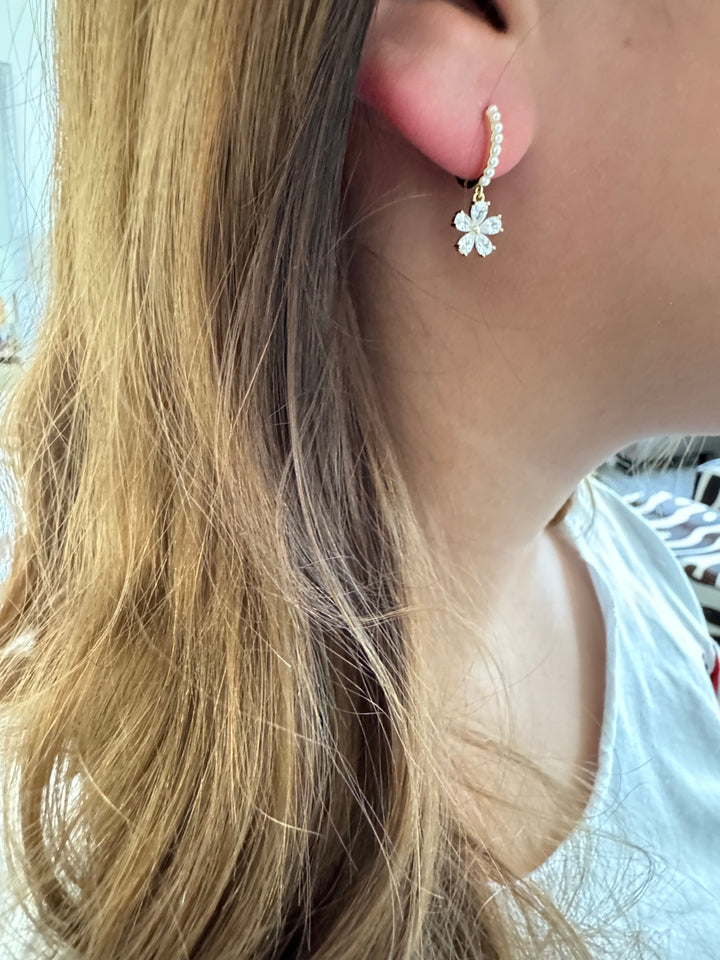 Sterling Flower Drop Silver Hoop Earrings
