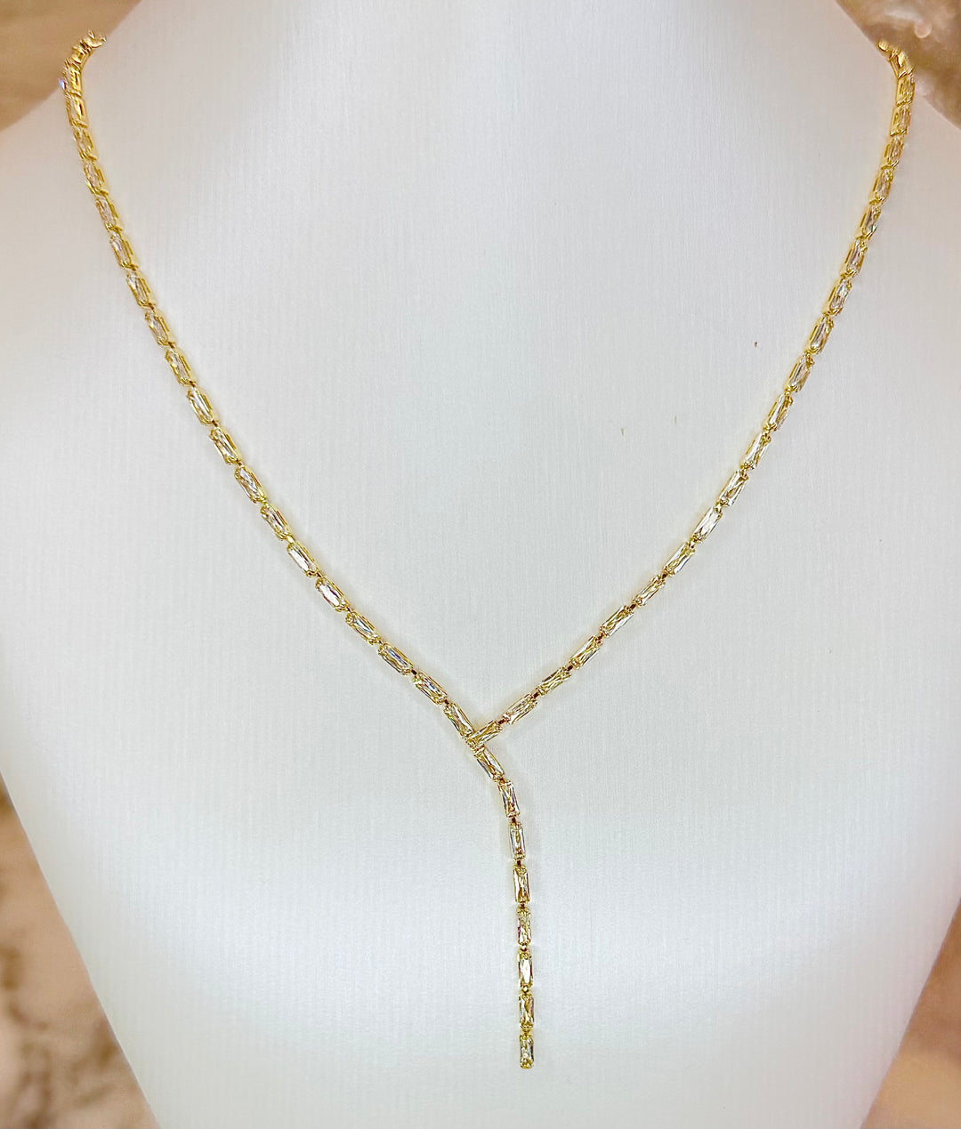 Y shape baguette cz tennis necklace 16 inch with 2 inch extender Necklace Brass 18KY plated