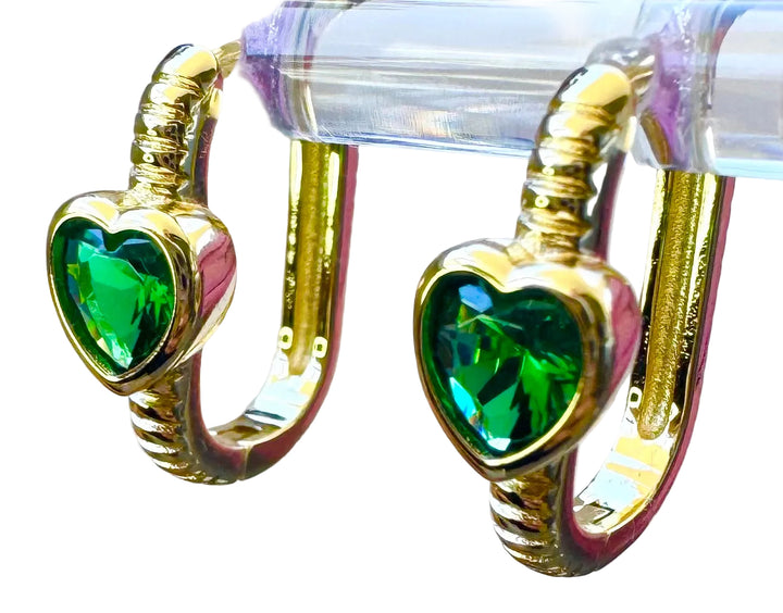 Heart Green Drop Sterling Silver 14 Karat Gold plated Hoop Earrings