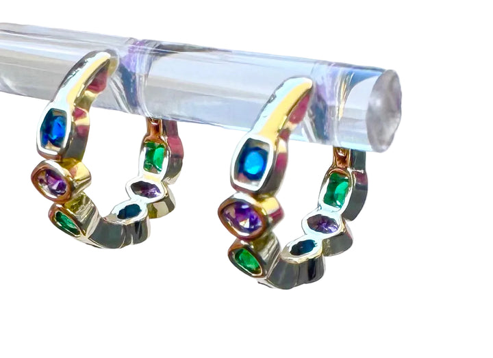 Multicolor Bezel Sterling Silver 14 Karat Gold plated Hoop Earring