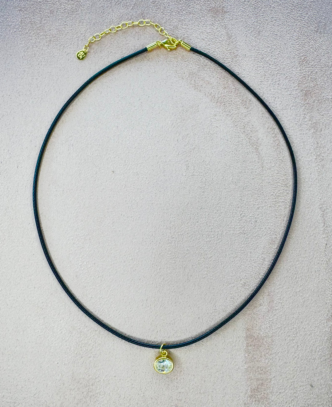 Leather Cord with oval bezel cz brass charm 16 inch with 2 inch extender Necklace I8KY Plated Brass