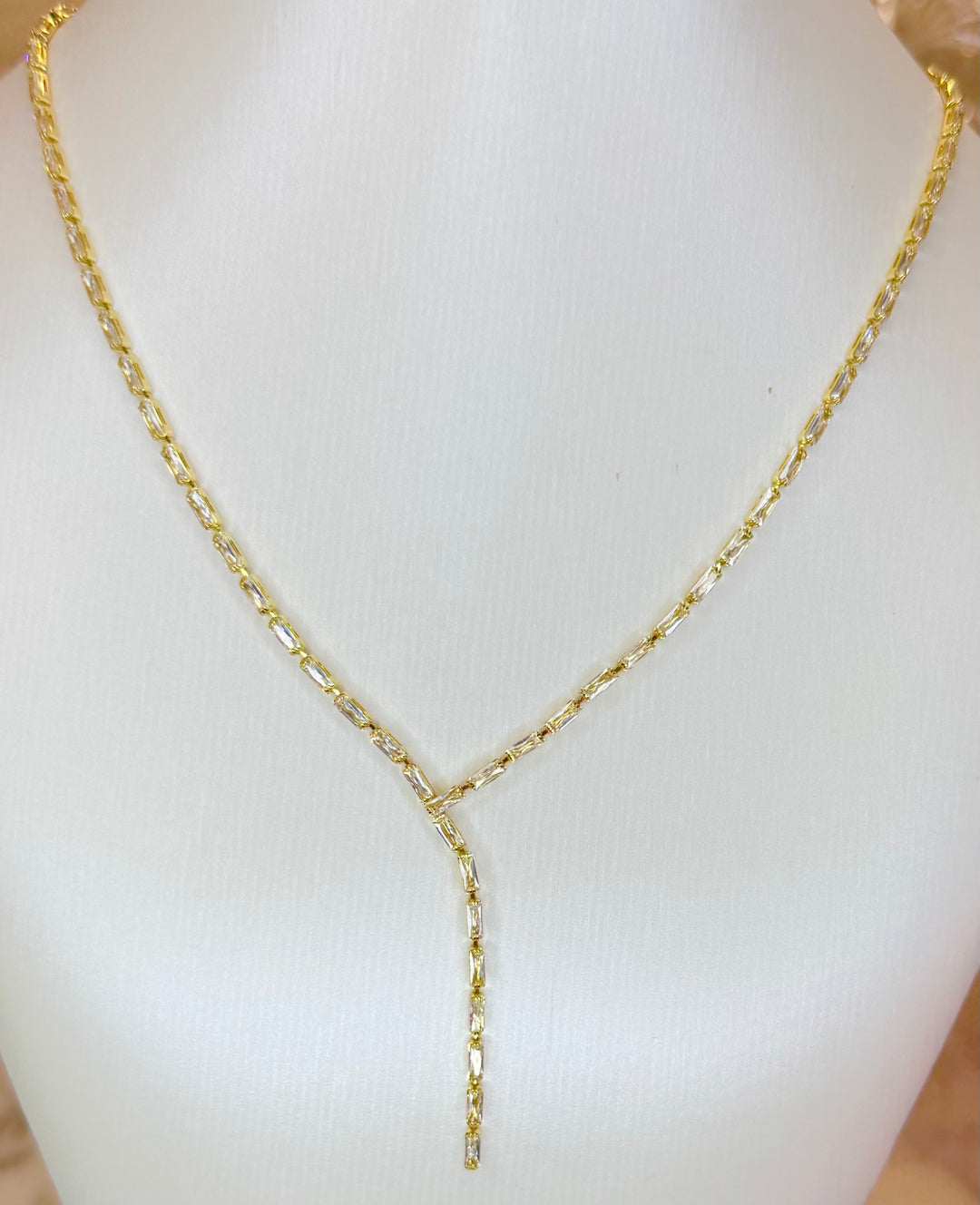 Y shape baguette cz tennis necklace 16 inch with 2 inch extender Necklace Brass 18KY plated