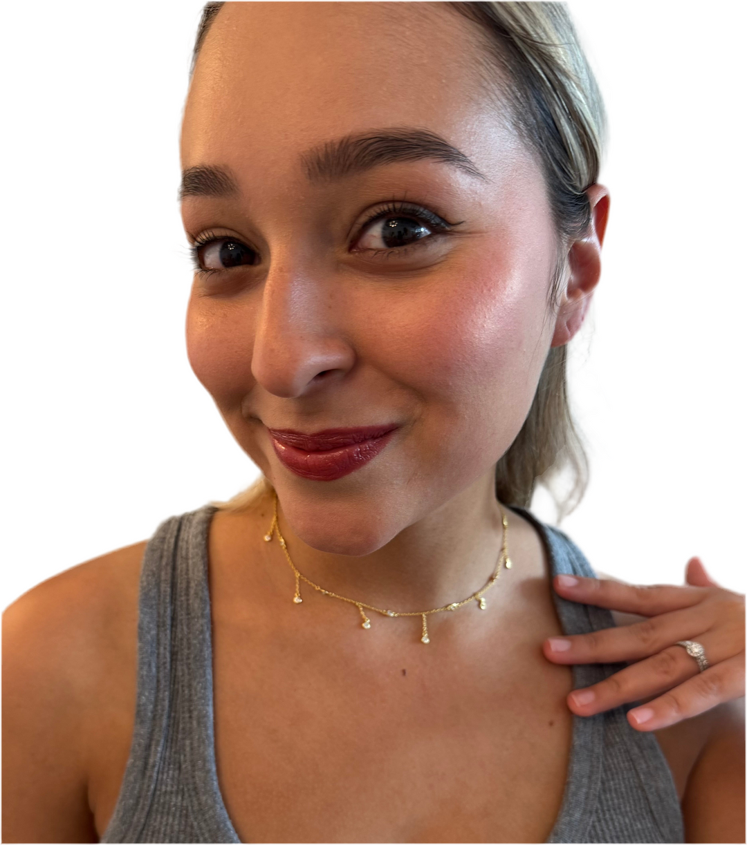 Bezel Drop Choker Necklace Sterling Silver 14KY plated