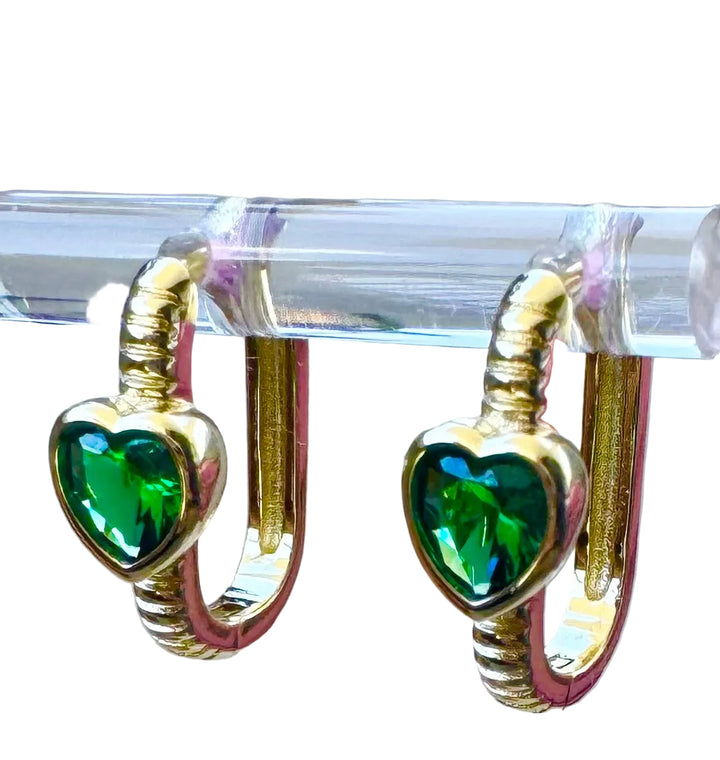 Heart Green Drop Sterling Silver 14 Karat Gold plated Hoop Earrings