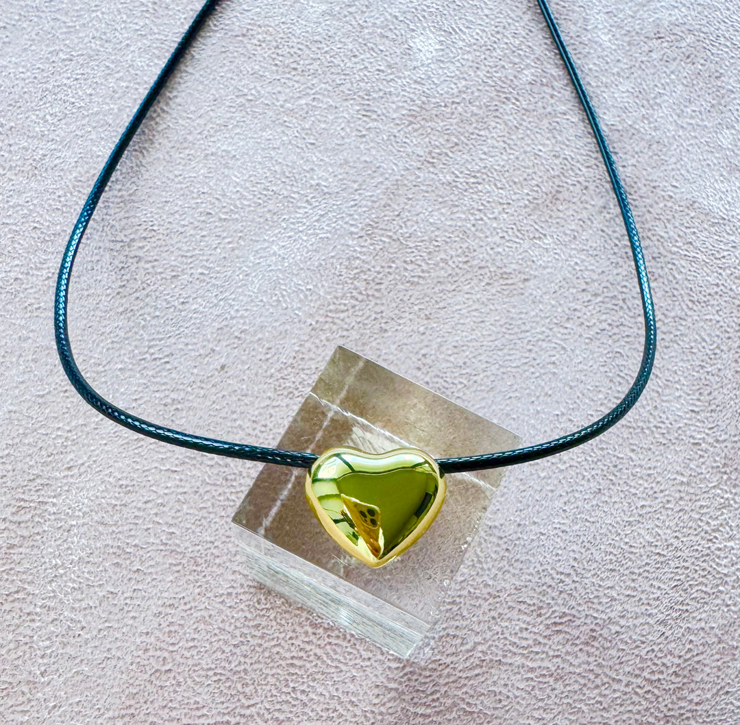 Leather Cord with small puffed heart brass charm 16 inch with 2 inch extender Necklace I8KY Plated Brass