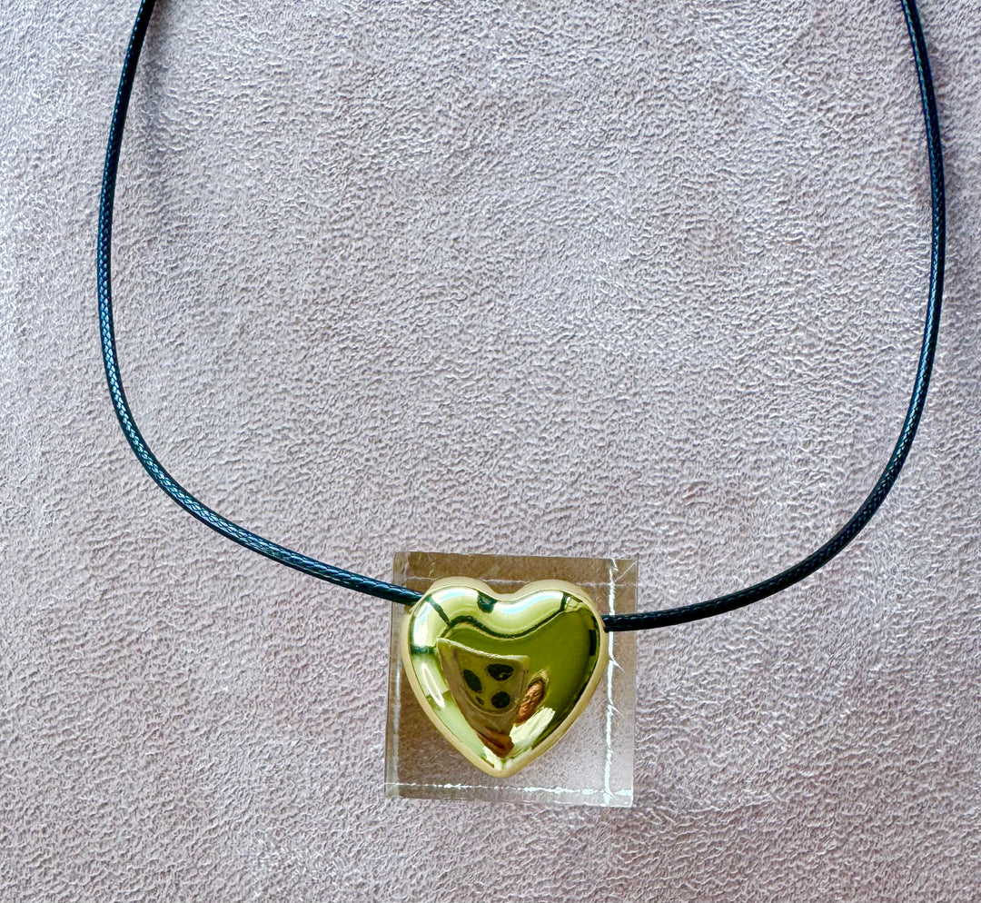 Leather Cord with large  puffed heart brass charm 16 inch with 2 inch extender Necklace I8KY Plated Brass
