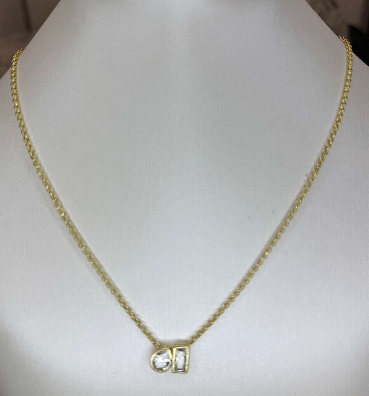 Cable chain with pear shape and emerald cut cz bezel set pendant 16 inch with 2 inch extender Necklace Brass 18KY plated