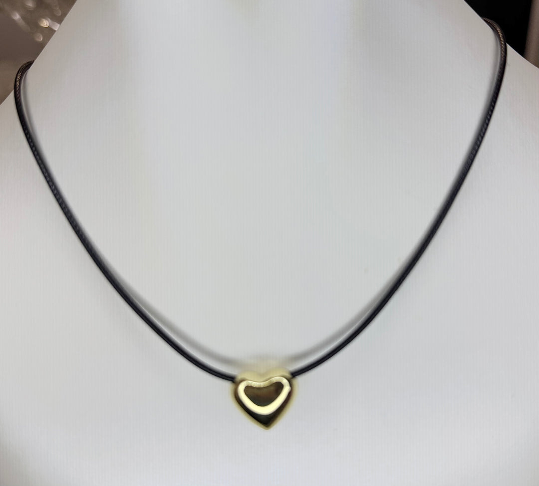 Leather Cord with small puffed heart brass charm 16 inch with 2 inch extender Necklace I8KY Plated Brass