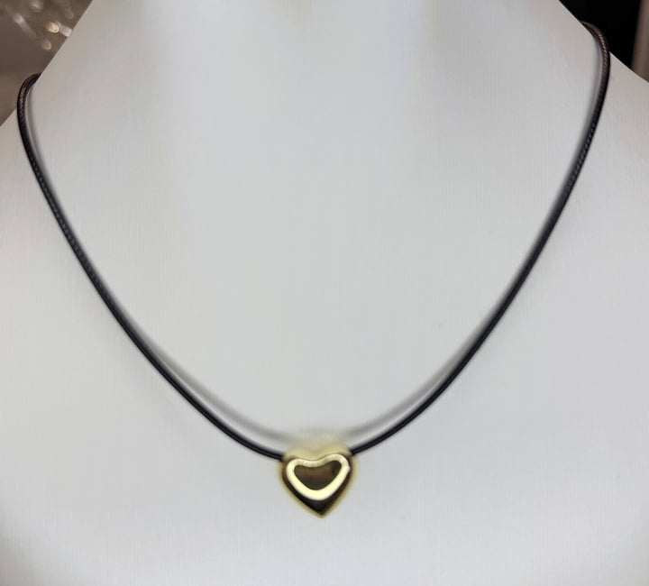 Leather Cord with small puffed heart brass charm 16 inch with 2 inch extender Necklace I8KY Plated Brass