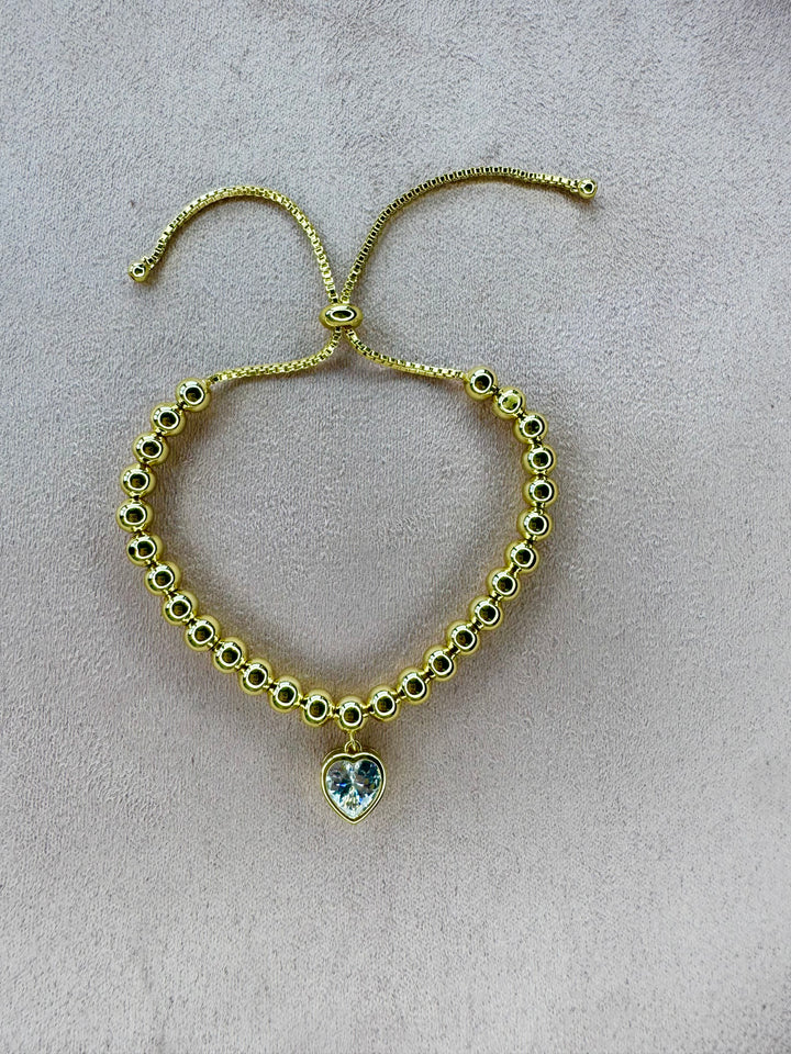 Bezel heart tassel brass bead bracelet