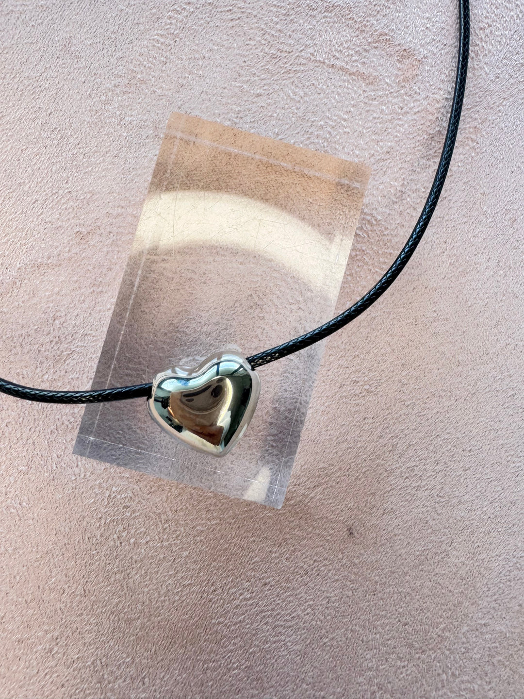 Leather Cord with puffed small heart silver brass charm 16 inch with 2 inch extender Necklace.