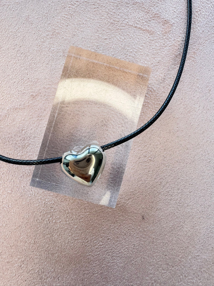 Leather Cord with puffed small heart silver brass charm 16 inch with 2 inch extender Necklace.