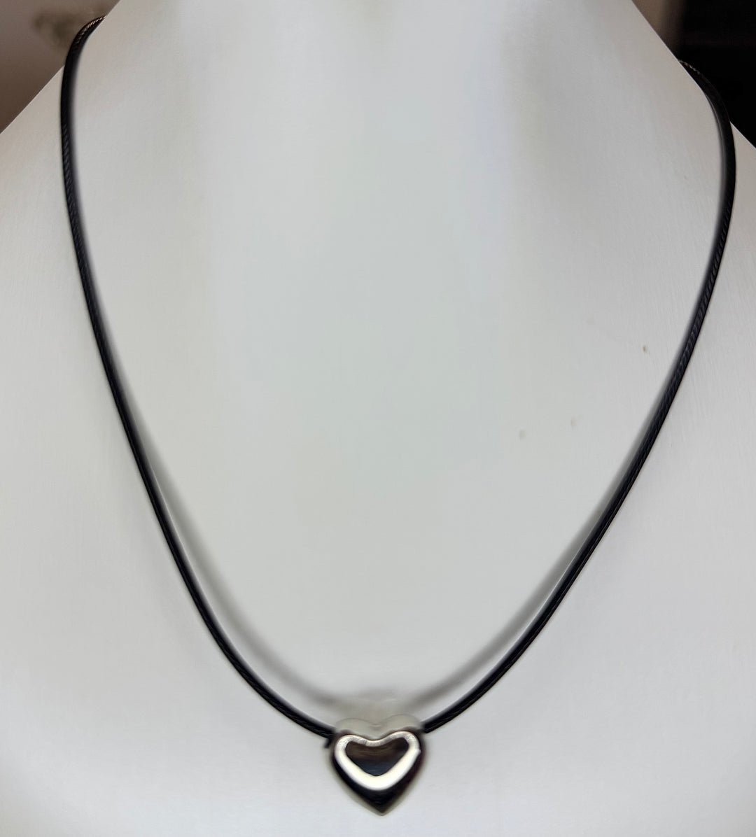 Leather Cord with puffed small heart silver brass charm 16 inch with 2 inch extender Necklace.