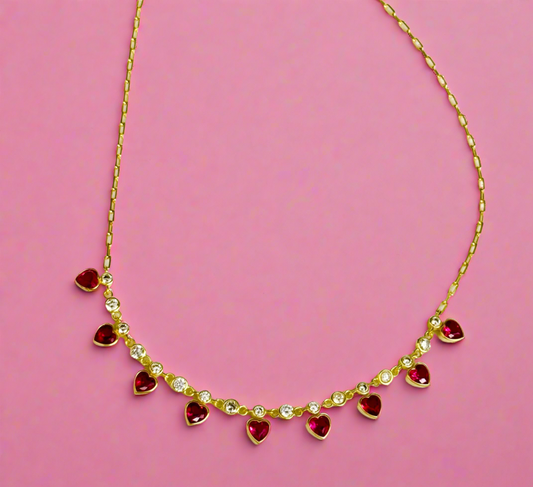 Ruby like Sterling Silver 14k plated gold heart charm necklace